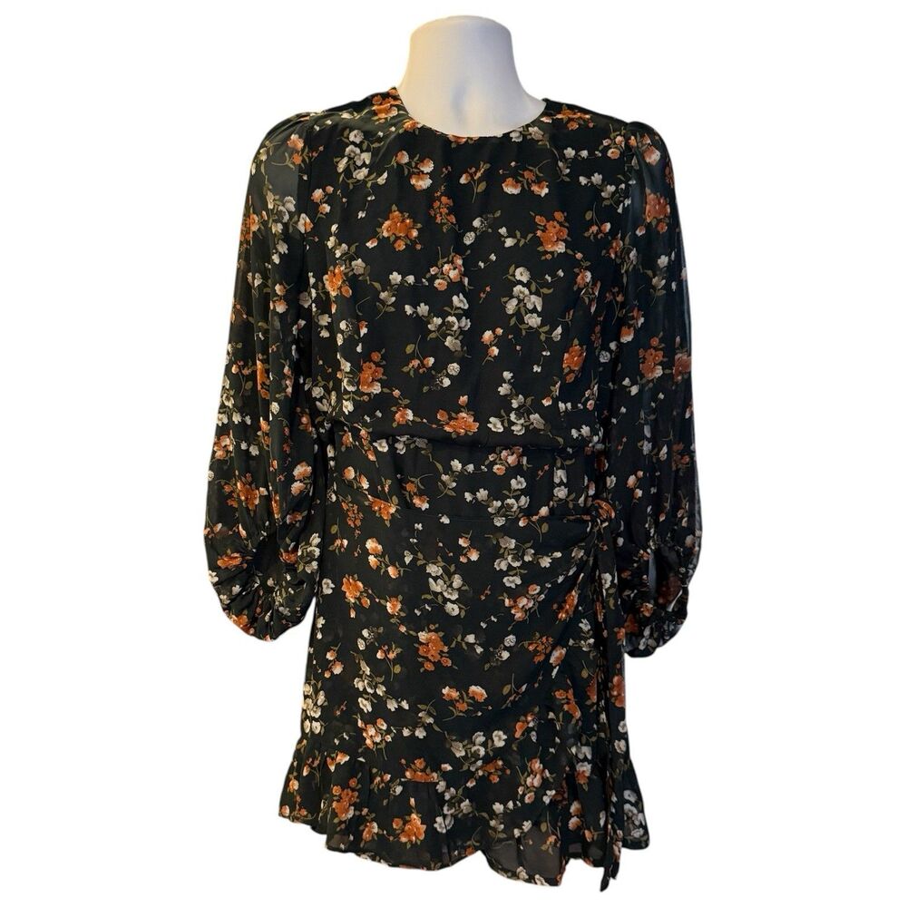 Princess Polly Meral Mini Dress Womens Size 12 Navy Blue Floral 3/4 Sleeve Wrap
